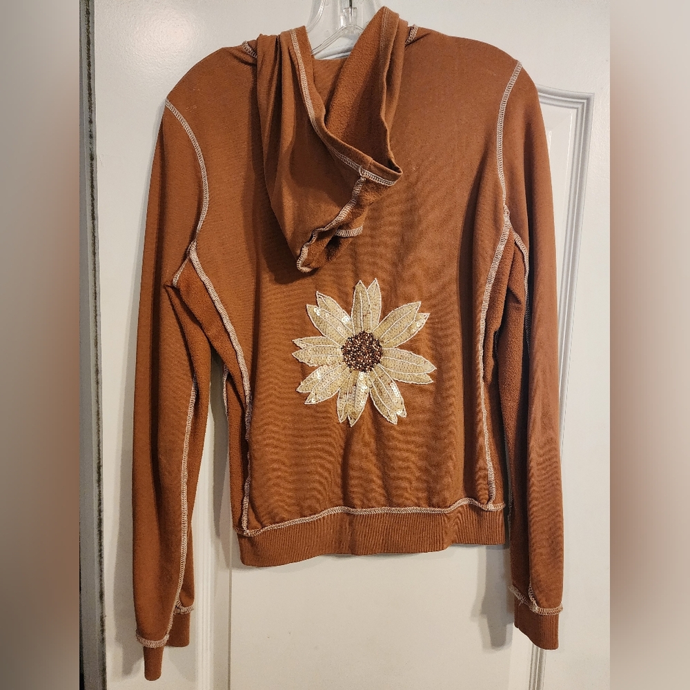 TWISTED HEART Camel Color Zip Up Hoodie with Sequin Flower on Back